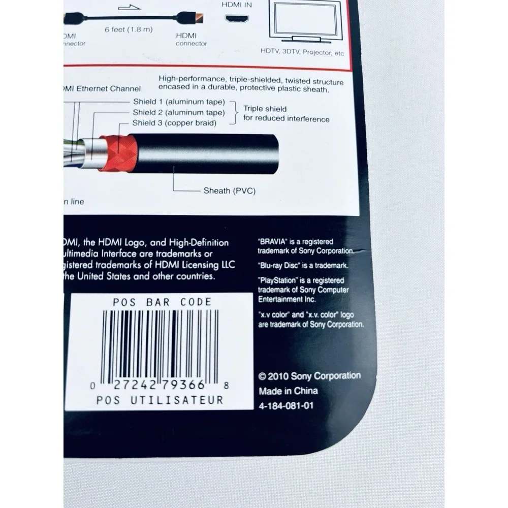 Sony High Speed HDMI Audio Video Cable 6 Feet Full HD 1080P DLC-HE18BDT